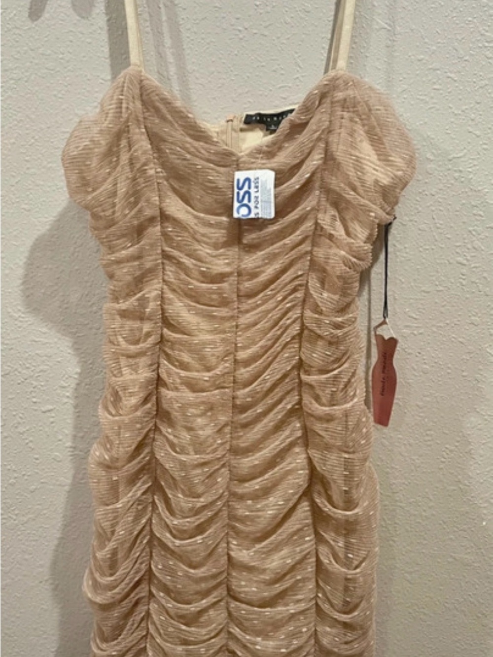 Haute Monde Blush Beige Ruched Mesh Dress